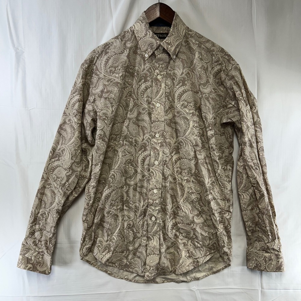 Stetson Button‎ Down Shirt Mens Small Tan Paisley Long Sleeve Western Cotton